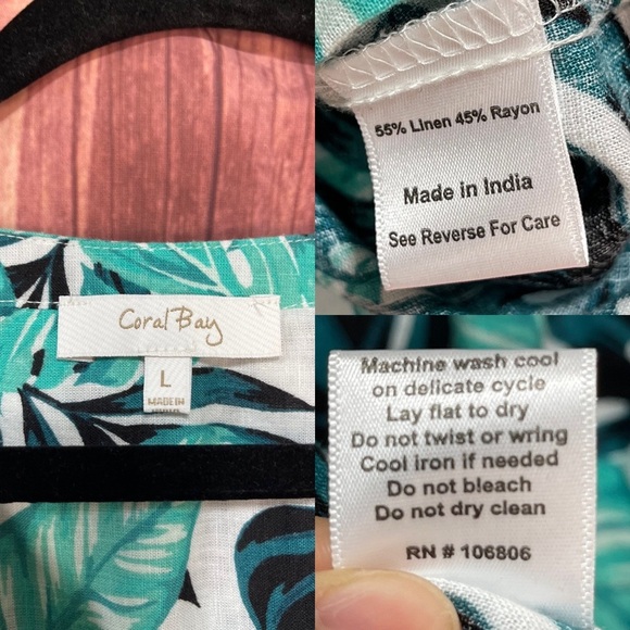 Coral Bay green teal white Monstera leaf print linen blend 3/4 sleeve blouse L - Picture 14 of 17